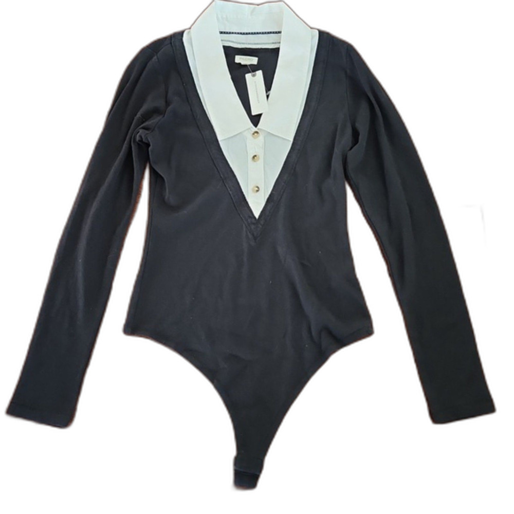 NWT Anthropologie Pilcro Collared Bodysuit, Black/White, Size M - Picture 5 of 12
